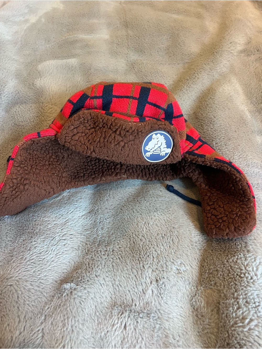 CROCS Red Plaid Trapper Hat with Brown Sherpa kids